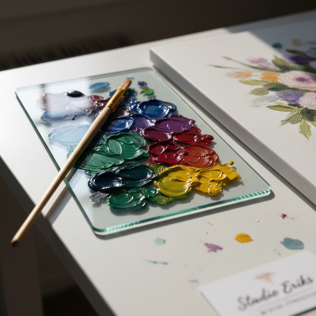 An intimate, photographic detail shot of a painter’s hand absent from the frame, implied only by the arrangement of tools: a high-quality brush resting atop a glass palette loaded with carefully mixed, jewel-toned oils, placed beside a partially visible canvas edge showing a soft-focus floral painting. The setup sits on a clean, white worktable with faint paint marks, suggesting active creation without clutter. Morning light filters in from an off-frame window, creating luminous reflections in the paint dabs and delicate shadows from the brush. With a shallow depth of field and a diagonal composition, the mood is focused, calm, and luxurious, capturing the craftsmanship behind bespoke commissions for Studio Eriks.