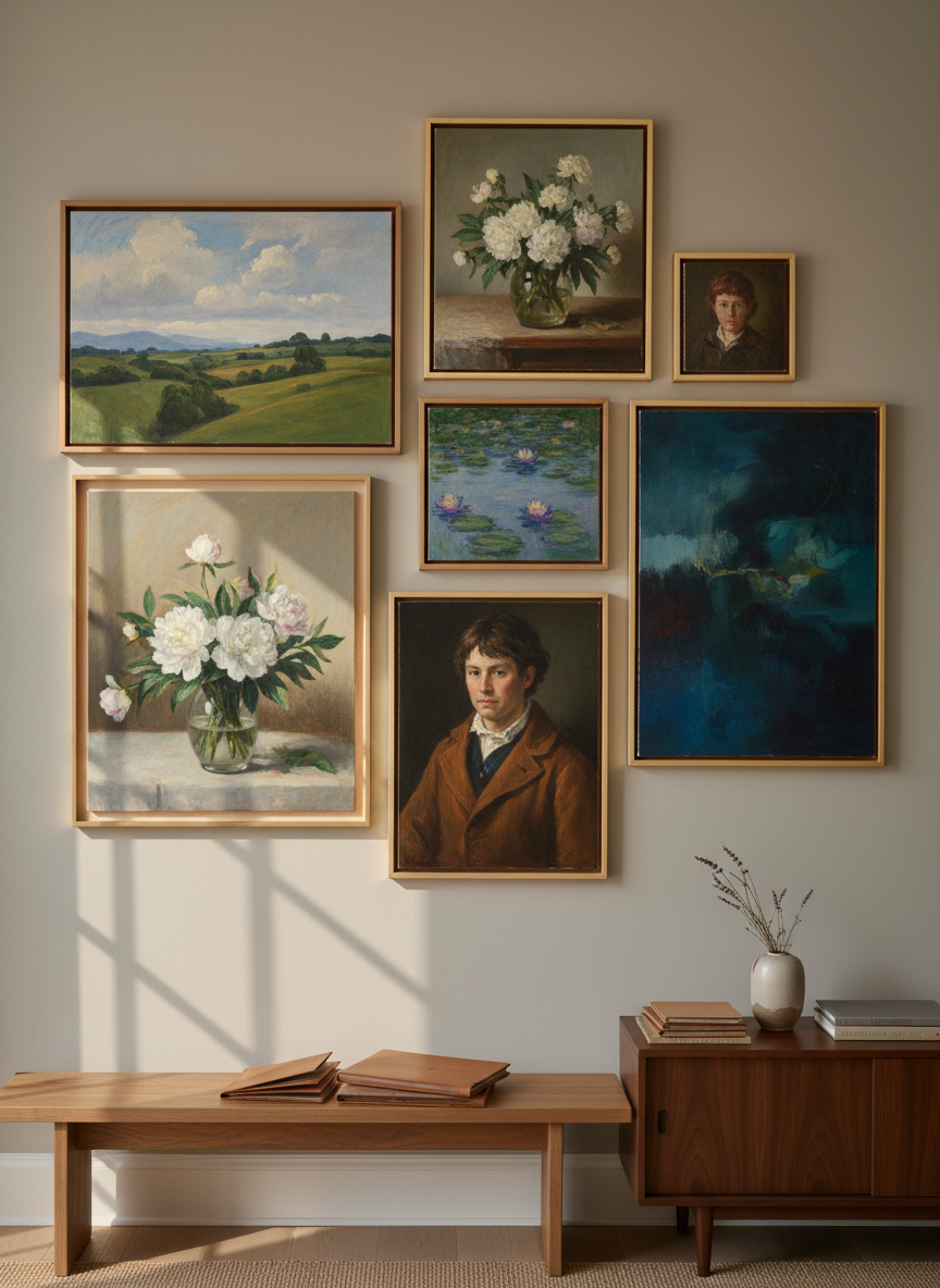 A meticulously arranged gallery wall in a refined, light-filled studio space, showcasing a curated portfolio of paintings. Large canvases with atmospheric landscapes, delicate florals, and a few classic masterwork reproductions hang in an asymmetric but balanced grid on a soft warm-gray wall. A simple oak bench and a sleek sideboard with neatly stacked sketchbooks sit below. Soft, diffused daylight streams in from tall unseen windows, creating gentle reflections on the varnished surfaces of the paintings. Photographic realism with an eye-level composition, sharp focus throughout, and a calm, sophisticated atmosphere that emphasizes the breadth and quality of the artwork, ideal as a hero image for a painting portfolio site.